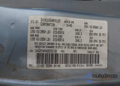 2006 Dodge Grand Caravan Se z USA, uszkodzony, nr VIN 1D4GP24RX6B555150